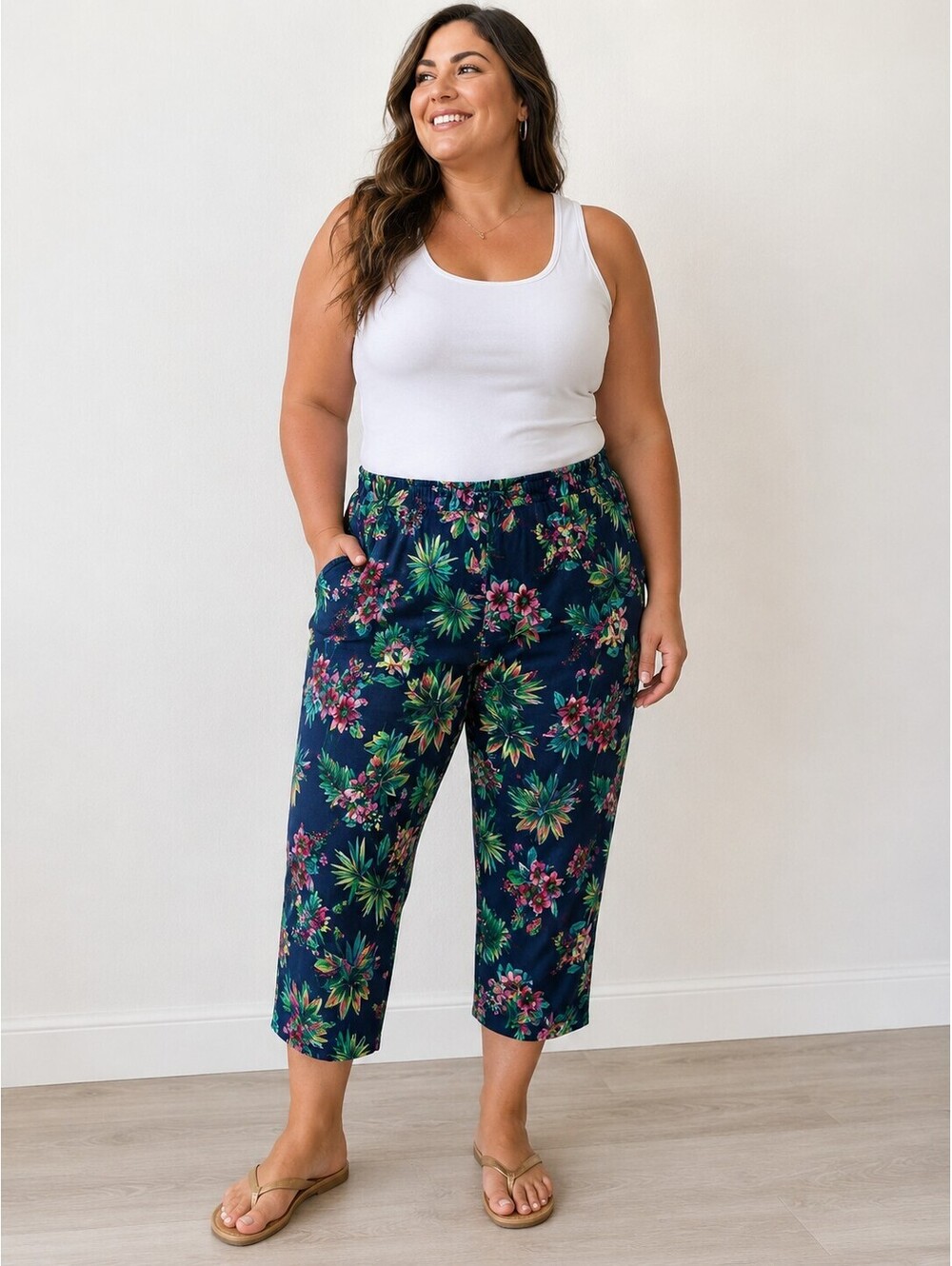 Rachel Roy Rachel Plus Size 3X Tropical Floral Linen Blend Cropped Pull On Pants
